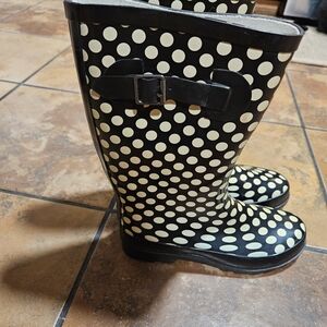 Black Rain Boots with Cream Polka Dots